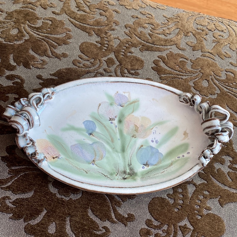 Handmade clay platter with lovely handle detail and signed by artist 15” x 8.5”
